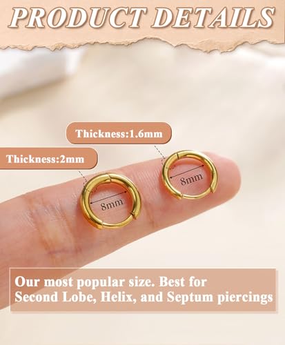 Surgical Steel Huggie Hoop Earrings & Flat Back Studs for Women Men, 6mm-14mm Small Hoops for Cartilage Helix Tragus Lobe, 1-10 Pairs Multiple Piercing Jewelry Set for Sensitive Ears - style: 1Pair,Gold,8mm(THK:1.6mm)