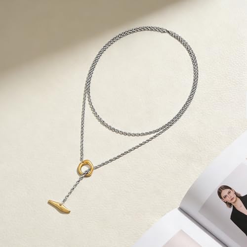 Dainty Lariat Y Necklaces for Women Silver and Gold Plated Layered Two Tone Link Chains Toggle T Bar Long Pendant Necklaces Mixed Metal Jewelry Gifts - style: Silver&Gold-100cm