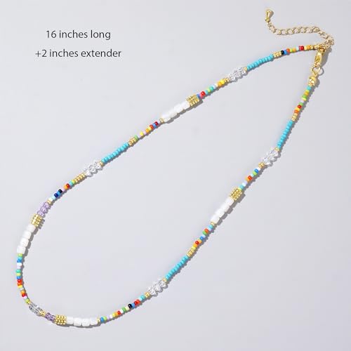 Gold Seed Beaded Necklaces for Women, Boho Handmade Adjustable Colorful Beads Choker Summer Beach Jewelry Gift. - color: White Blue