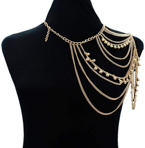 Yomiie Gold Body Chain Layered Tassels Shoulder Chain Bikini Beach Anniversary Festival for Women Uniform Dress Bikini Shoulder Accessories