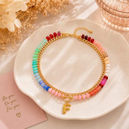 Colorful Beaded Bubble Letter Necklace For Women, Boho Double Layer Dopamine Rainbow Resin Beads Thick Cuban Chain Chunky With Initials Pendant Necklaces Summer Beach Jewelry Gift ﻿ - color: Dop F