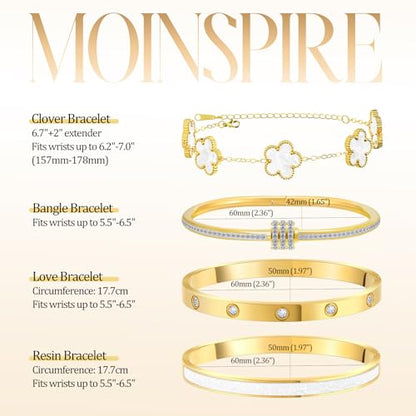 MOINSPIRE Gold Bracelets for Women, 18K Gold Plated Tennis Nail Clover love Bangle Bracelets Set Non Tarnish, Stainless Steel Trendy Stackable Bracelet Fashion Jewelry Accessories Gifts for Christmas - color: C2-White