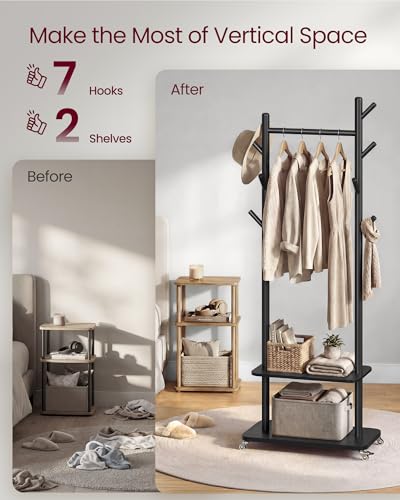 VASAGLE Freestanding Coat Rack Stand with 7 Hooks, 2 Shelves, 4 Removable 360° Swivel Wheels, Wooden Hooks and Pole, for Entryway, Bedroom, Living Room, Ink Black URCR053BH01 - color: Ink Black, style: Minimalist