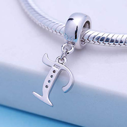 925 Sterling Silver Letter Charms Fits Pandora Bracelets, Gift for Women | A-Z Alphabet Initial Charm with CZ,Great gift for Christmas, Valentine's Day, Mother's Day. - color: T