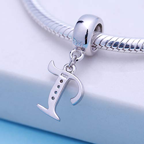 925 Sterling Silver Charms Alphabet Beads fit Pandora Charm Bracelets A-Z Letter Initial Spacer Dangle Clear CZ Stone Authentic for Snake Chain Bracelets - color: T