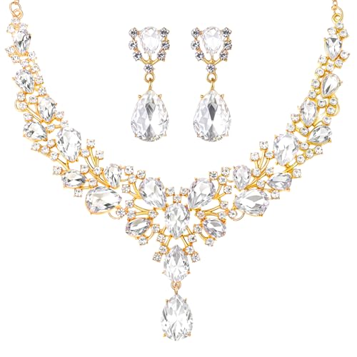 Hicarer Bridal Teardrop Cluster Crystal Jewelry Set for Women Necklace Earrings Wedding - color: White Gold