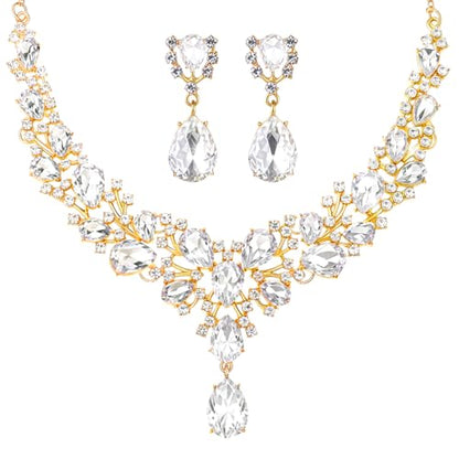 Hicarer Bridal Teardrop Cluster Crystal Jewelry Set for Women Necklace Earrings Wedding - color: White Gold