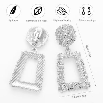 Clip on Earrings for Women, Big Statement Geometric Earrings Large Shiny Drop Dangle Earrings Non Pierced (Gold/Silver/Hot Pink) - color: Silver