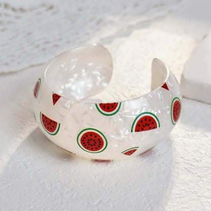 Chunky Fruit Acrylic Cuff Bangle Bracelet for Women, Colorful Strawberry Banana Cherry Watermelon Resin Acetate Wide Open Statement Jewelry Geometric Wristband Bracelets Summer Beach Jewelry - style: Watermelon
