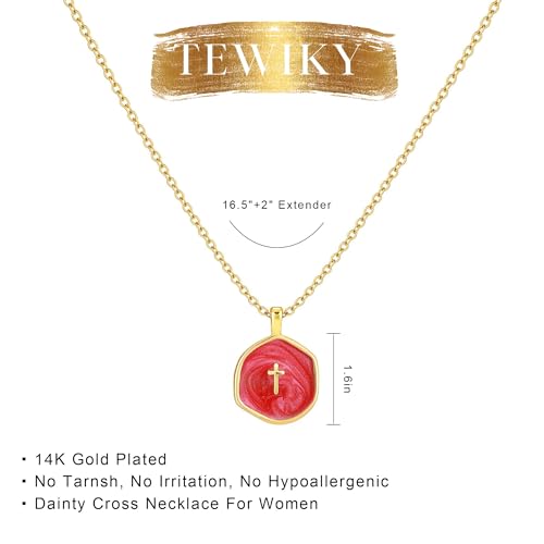 Tewiky Cross Necklace for Women 14k Gold Plated Cross Pendant Necklaces | Cute Necklaces for Women,Jewelry ,Graduation Gift for Her - color: Burgundy