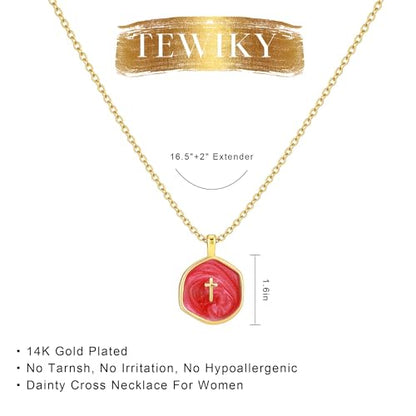 Tewiky Cross Necklace for Women 14k Gold Plated Cross Pendant Necklaces | Cute Necklaces for Women,Jewelry ,Graduation Gift for Her - color: Burgundy