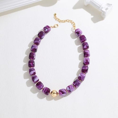 Chunky Beaded Necklace for Women Boho Statement Bead Necklace Adjustable Choker with Polished Disc/Square Beads Trendy Summer Beach Jewelry Gifts - color: Purple