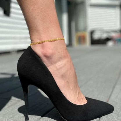 ChainsHouse Ankle Bracelets for Women, Stainless Steel Beaded Chain Ankle Bracelet, Womens Heart Anklets for Summer Beach Jewelry Gifts - color: M: twisted rope-6mm-gold