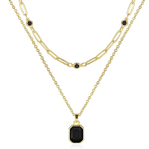Gold Layered Necklaces for Women, 18k Gold Plated Crystal Necklace Paperclip Choker Emerald Green Jewelry for Women Gifts - color: Black