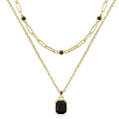 Gold Layered Necklaces for Women, 18k Gold Plated Crystal Necklace Paperclip Choker Emerald Green Jewelry for Women Gifts - color: Black
