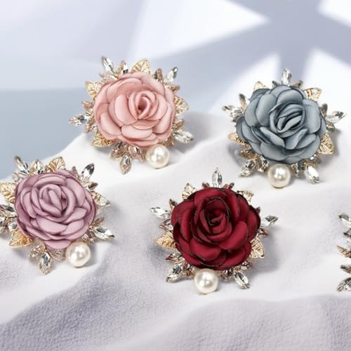 Handmade Elegant Red Rose Flower Brooch Pin for Women Crystal Pearl Fabric Flower Lapel Pin Dress Suit Accessories - color: Purple