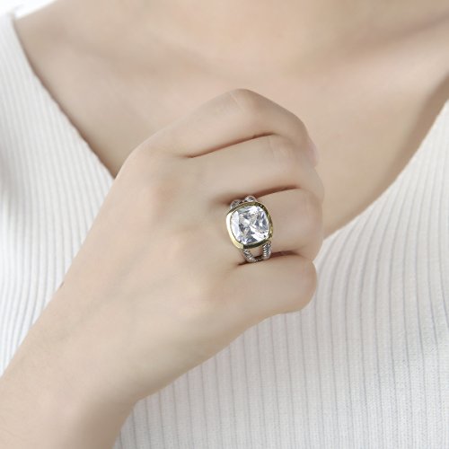 UNY JEWEL Twisted Cable Wire Two Tone Cusion Cut CZ Statement Ring Designer Inspired Fashion Love Antique Women Jewelry Gift - color: White