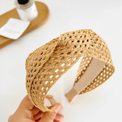 i-lan 3Pack Boho Rattan Woven Headbands, Comfy Wide Head Bands with Three Classical Black,Brown and Beige Hairband, Boho Padded Hair Band Headwear Hoop for Girls, Ladies, Women