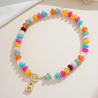 NIKOLUX Colorful Initial Necklaces for Women Chunky Resin Beaded Toggle Necklace 14K Gold Plated A-Z Bubble Letter Pendant Necklace Trendy Summer Beach Handmade Jewelry Gift - color: Colorful-B