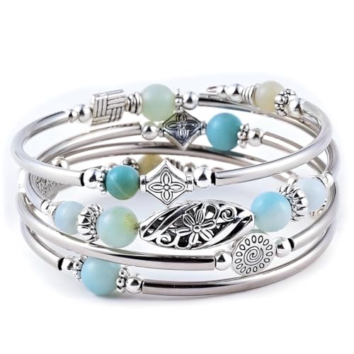 Boho Wrap Beaded Bracelet for Women – Handmade Natural Stone Jewelry – Stainless Steel Adjustable Ethnic Chic Gift - color: Premium Amazon Stone