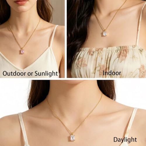 Cubic Zirconia Solitaire Necklace Stainless Steel, Rectangle Color Change Synthetic Alexandrite/Solitaire Necklace Pendant Women - color: Rectangle-Alexandrite-G