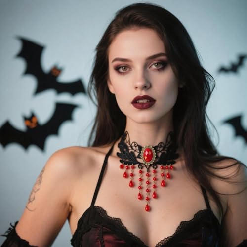 Goth Black Choker Necklace Crystal Bead Pendant Necklace for Women Gothic Velvet Lace Choker Halloween Vampire Witch Cosplay - color: I-Black and Red