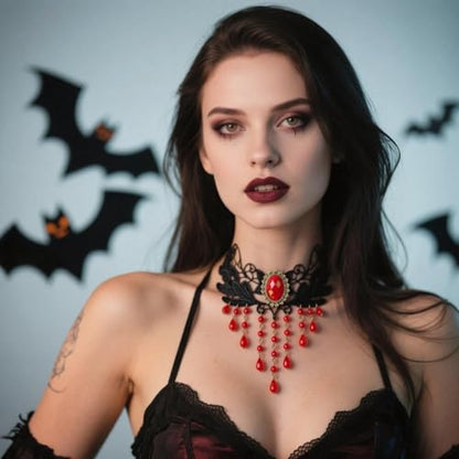 Goth Black Choker Necklace Crystal Bead Pendant Necklace for Women Gothic Velvet Lace Choker Halloween Vampire Witch Cosplay - color: I-Black and Red