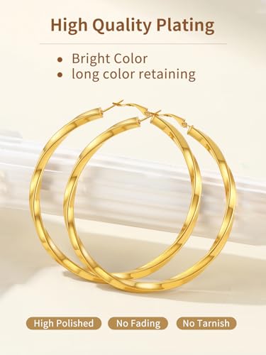 FindChic Twisted Hoop Earrings for Women, Silver/Black/14K Gold Plated Hypoallergenic Hollow Tube Rounded Loop Earrings, 30mm/40mm/60mm/80mm Hoops with Custom Name Options and Gift Box - color: c.Gold, size: 80MM