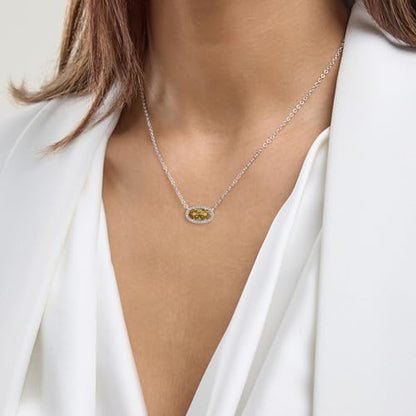 Belacqua Gemstone Necklace in Sterling Silver,Halo Pendant with Accent, Oval Cut 6 * 12mm, 15" Cable Chain with 2" Extender, Spring Ring Clasp, Dainty Birthstone Necklace for Women, Gift Box Included - color: 11-November-Citrine Amber Brown