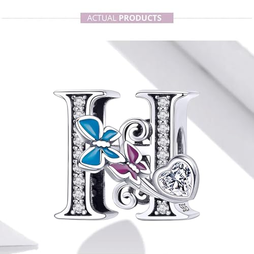 S925 Silver Butterfly Initial Letter Charms Fit for Pandora Charms Bracelets and Necklace Alphabet Bead Charms Jewelry Gifts for Women - color: H
