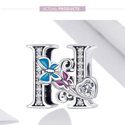 S925 Silver Butterfly Initial Letter Charms Fit for Pandora Charms Bracelets and Necklace Alphabet Bead Charms Jewelry Gifts for Women - color: H