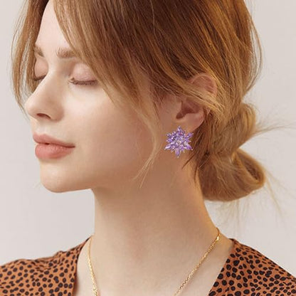 Crystal Flower Burst Stud Earrings Large Big Sparkly CZ Cubic Rhinestone Floral Cluster Flower Stud Earrings Bridal Wedding Party - color: Violet