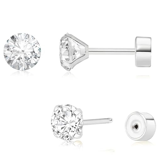 Threadless Flat Back Earrings, Hypoallergenic 14K Real Gold Plated CZ Stud Earrings | Cartilage Earring | Tragus Helix Piercing Jewelry | Push in Flatback Earrings for Women Men - color: Silver, size: 5 Millimeters