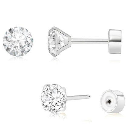 Threadless Flat Back Earrings, Hypoallergenic 14K Real Gold Plated CZ Stud Earrings | Cartilage Earring | Tragus Helix Piercing Jewelry | Push in Flatback Earrings for Women Men - color: Silver, size: 5 Millimeters