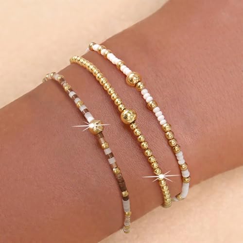 Gold Beaded Bracelet Stack for Women Colorful Small Seed Beads Bracelets Set Boho 14K Gold Plated Ball Stackable Stretch Non-Tarnish Dainty Jewelry Trendy Accessory Friendship Gift - color: brown and white