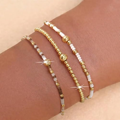 Gold Beaded Bracelet Stack for Women Colorful Small Seed Beads Bracelets Set Boho 14K Gold Plated Ball Stackable Stretch Non-Tarnish Dainty Jewelry Trendy Accessory Friendship Gift - color: brown and white