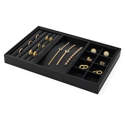 Oirlv Leather Multi-Function Jewelry Tray Black | Versatile Compartments for Rings/Earrings/Bracelets, Stackable Design - style: P01708