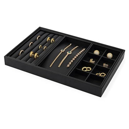 Oirlv Leather Multi-Function Jewelry Tray Black | Versatile Compartments for Rings/Earrings/Bracelets, Stackable Design - style: P01708