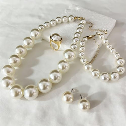 4 PCS Elegant Pearl Set Elegant Pearl Jewelry with Earrings, Pearl Choker Necklace, Bracelet and Ring, Bridal Jewelry Set for Wedding - color: White