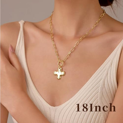 Joxevyia Gold Cross Necklace for Women Hammered Cross Pendant Toggle Clasp Paperclip Chain Statement Choker Bold Faith Jewelry Gift - color: gold cross necklace, size: 16 inches