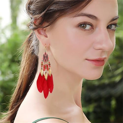 Dreuyet Boho Long Feather Drop Dangle Earrings for Women Retro Bohemian Ethnic Fringe Multicolor Tassel Feather Earring Handmade Statement Dream Catcher Earrings Jewelry - color: Red Teardrop