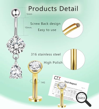 Dangle Floating Gold Belly Button Ring Surgical Stainless Steel Navel Piercing Set Hypoallergenic Small 14g Belly ring Heart Short Cute Pink Dangly Belly Piercing Jewelry for Women - color: gold