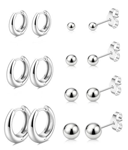 4 Pairs 14K Gold Plated Chunky & Dainty Huggie Hoop Earrings Set | Hypoallergenic Earrings for Sensitive Ears, Stackable Non Tarnish Earring Hoops for Cartilage Lobe Tragus Multiple Piercings - color: Silver-3Pairs Teardrop Hoops + 4Pairs Ball Studs