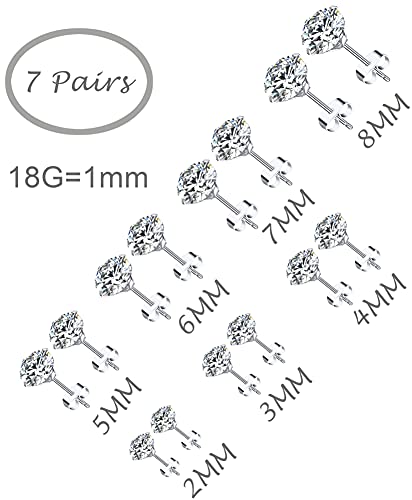 7 Pairs 18G 20G Stainless Steel Stud Earrings Round Cubic Zirconia Barbell Earring Set For Men Women 2MM-8MM Silver Tone - style: D:7 Pairs,Butterfly Backs,18G