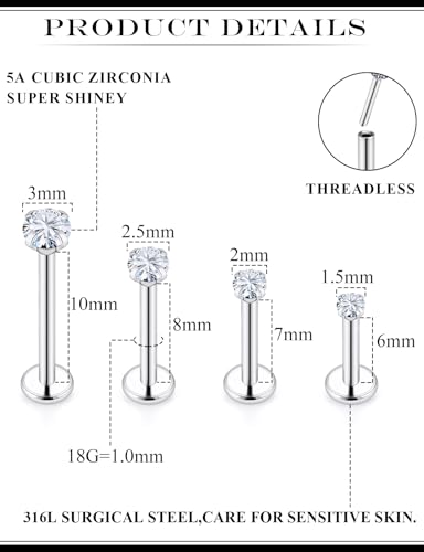 20G 18G 16G Threadless Flat Back Earrings Nose Stud 316L Surgical Steel Medusa Labret Monroe Lip Ring Tragus Forward Helix Conch Cartilage Lobe Earrings Stud Piercing Jewelry For Women Men - size: 18G-6MM 7MM 8MM 10MM Length