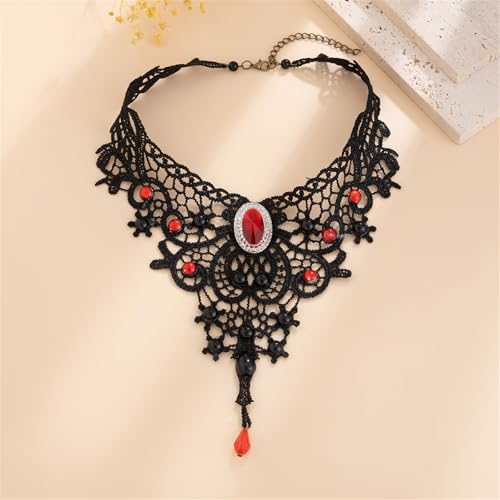 Black Lace Choker Necklace for Women Halloween Gothic Vampire Red Crystal Necklaces Steampunk Cosplay Costume Party Necklace Halloween Jewelry - color: Red