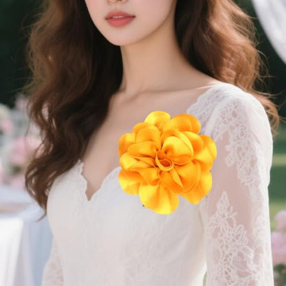 Large Rose Flower Brooches Chiffon Camellia Brooch Lapel Pins Hair Clips Hat Pins for Women Wedding Banquet Accessories Large Satin Flowers 5.5in - color: Yellow