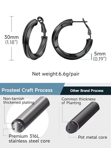 PROSTEEL Chunky Hoop Earrings for Women 14K Gold Plated/Black/Silver | 20/30/40/50/60/70/80mm Stainless Steel Thick Big Round Hoop with Waterproof and Non Tarnish Trendy Jewelry with Gift Box - color: 4. Black, size: 30MM