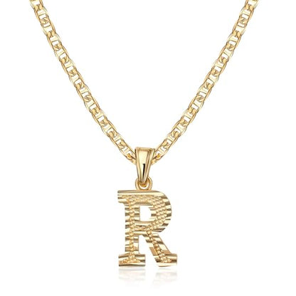 Barzel 18K Gold Plated Initial Necklace with Diamond Cut Initial, Waterproof, High Polish Finish, Made in Brazil - style: R