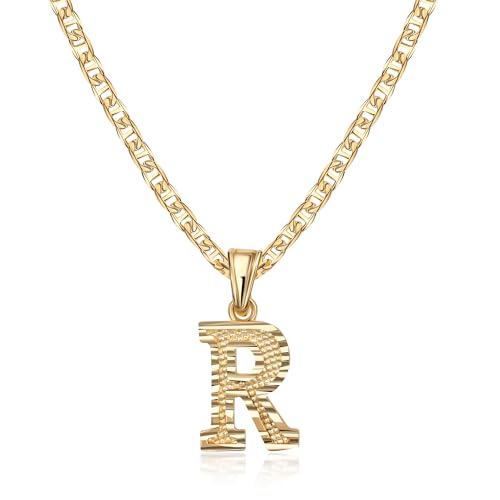 Barzel 18K Gold Plated Initial Necklace with Diamond Cut Initial, Waterproof, High Polish Finish, Made in Brazil - style: R